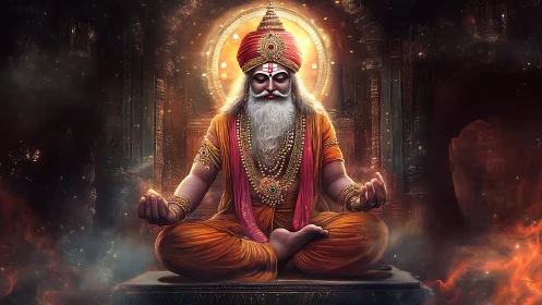 Digital painting of meditative sage with radiant mandala halo.