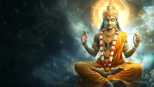 Seated multi-armed deity in luminous celestial environment.