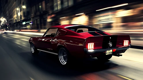 Classic red muscle car gliding through glowing night streets.