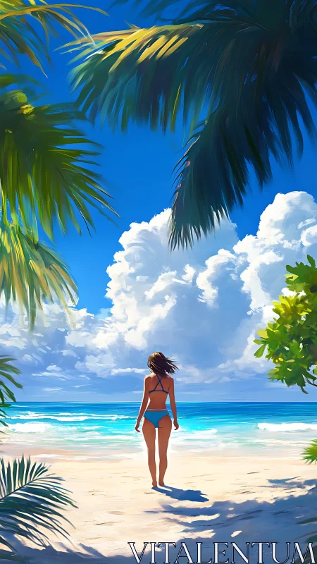 Woman Standing on Sandy Beach Beneath Tropical Palm Fronds