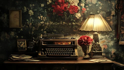 Vintage typewriter on floral desk with warm lamp glow.