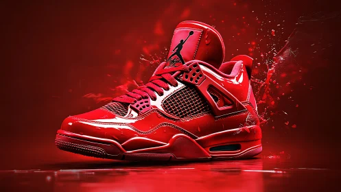 Glossy red sneaker bursts forward in bold liquid motion