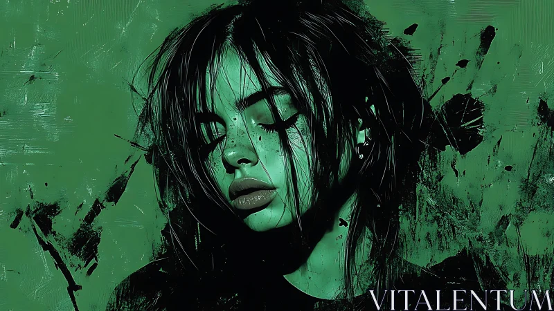 Green digital portrait of pensive young woman, splattered.
