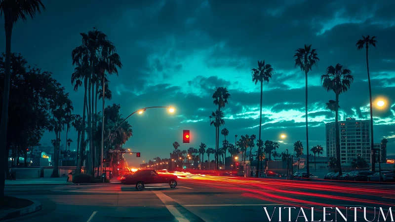 Urban palm-lined intersection at dusk with traffic trails.