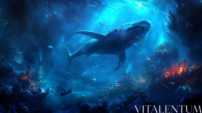 Majestic blue whale above glowing submerged cityscape.