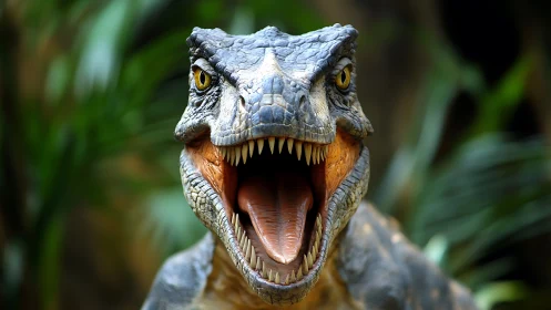 Ferocious dinosaur roars amid lush jungle foliage in focus