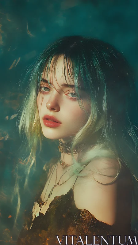 Digital painting portrait with ethereal teal-amber lighting.