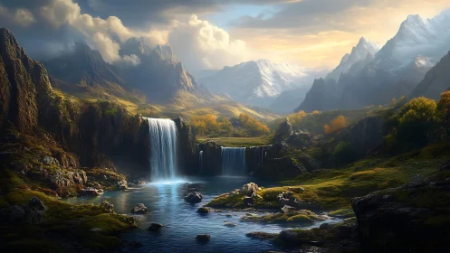 Mountain valley waterfall under soft evening light.