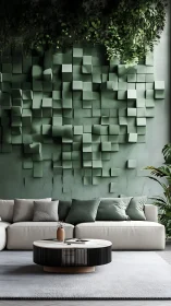 Verdant cube cascade above a calm minimalist sofa sanctuary.