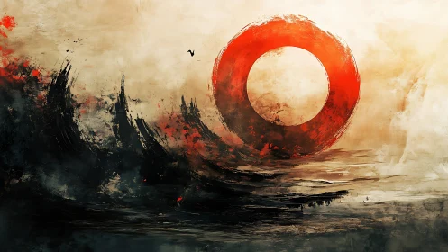 Abstract red ring dominates turbulent monochrome seascape plane