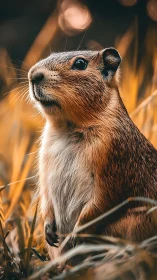 Alert prairie dog stands upright amid soft golden grass