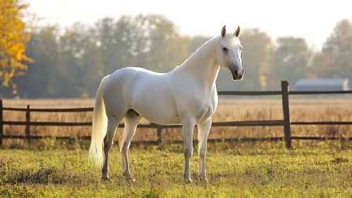 Photorealistic white horse portrait in autumn pasture light.