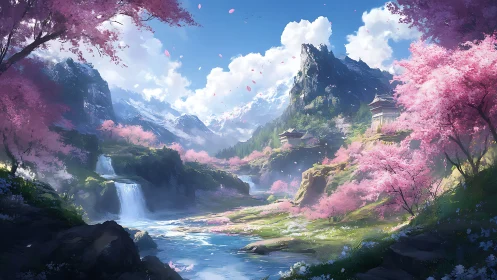 Blossoming mountain valley invites calm wanderer daydreams
