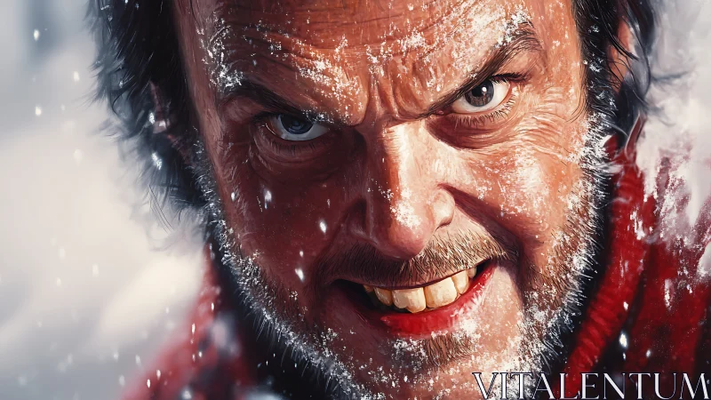 Close-up portrait shows intense snow-covered male face snarling