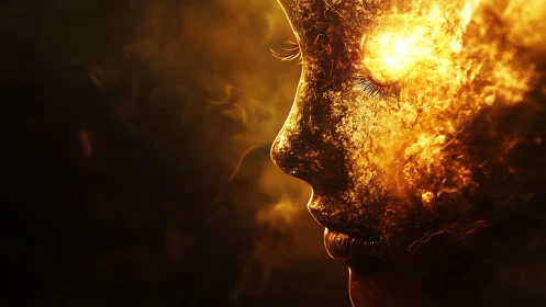 Luminous molten face profile in dense golden haze background.