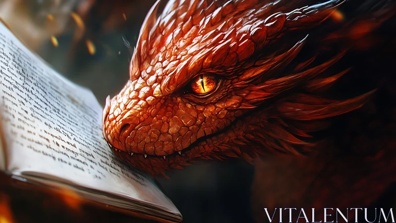 Fiery red dragon studying an open ancient book closely.