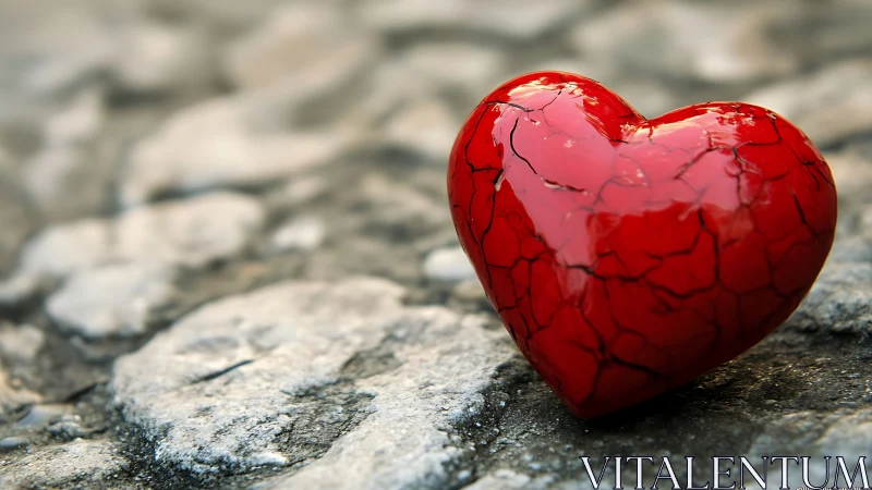 Fractured red heart form on textured stone surface.