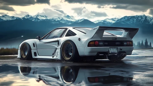Widebody turbo GT sports car on wet alpine reflective runway.