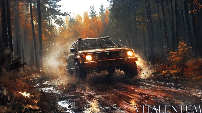 Rainy forest trail adventure with a rugged off road truck.