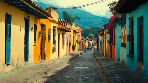 Cobblestone rainbow street humming beneath misty mountains.