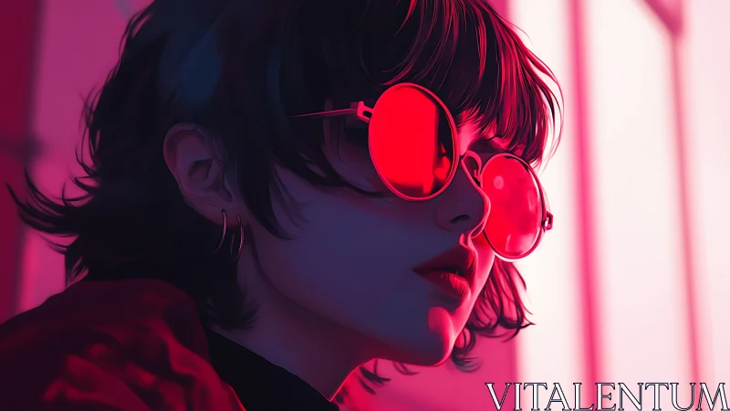 Neon-lit portrait isolates a stylized woman in crimson lenses