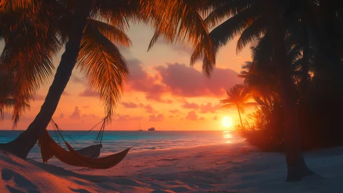 Tropical beach sunset with palm trees and quiet hammock.