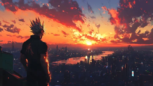 Solitary figure surveys neon city under incendiary sunset