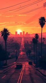 Glowing city sunset pours warm light over a palm-lined street