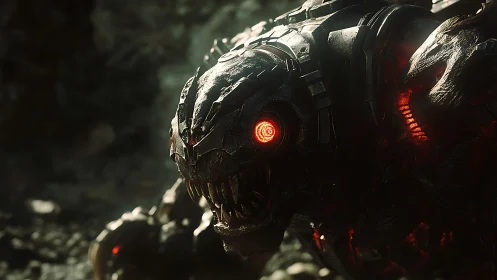 Cybernetic creature close-up with glowing red eye in dark.