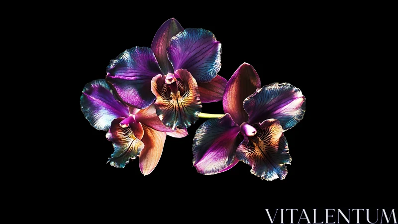Iridescent Orchid Blooms on Black: Chiaroscuro Study.