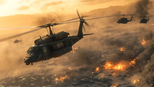 Military helicopters over burning urban terrain at dusk.
