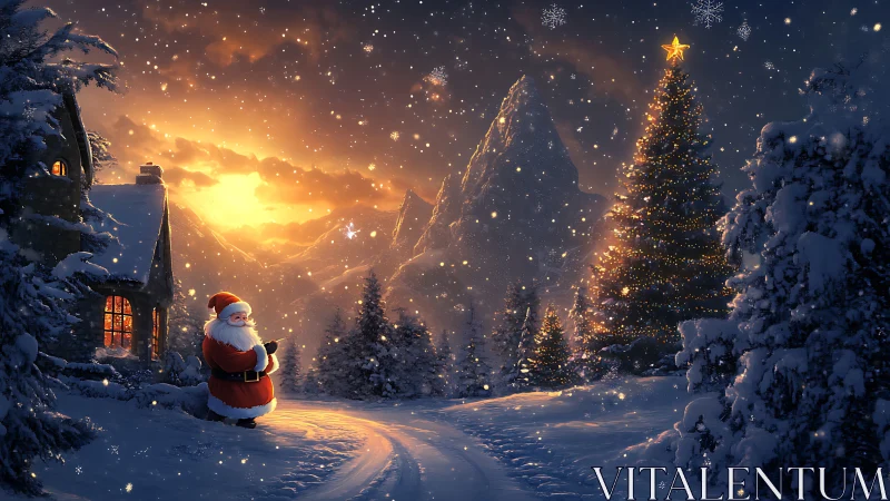Santa in luminous alpine snow scene with glowing tree.