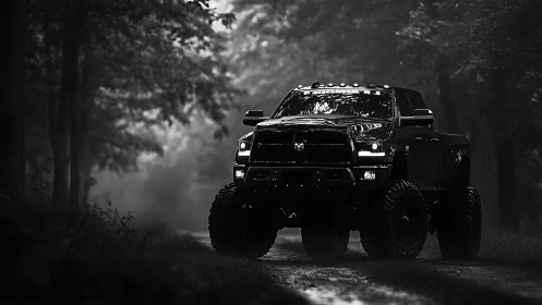 Lifted black pickup truck on forest trail in low light.