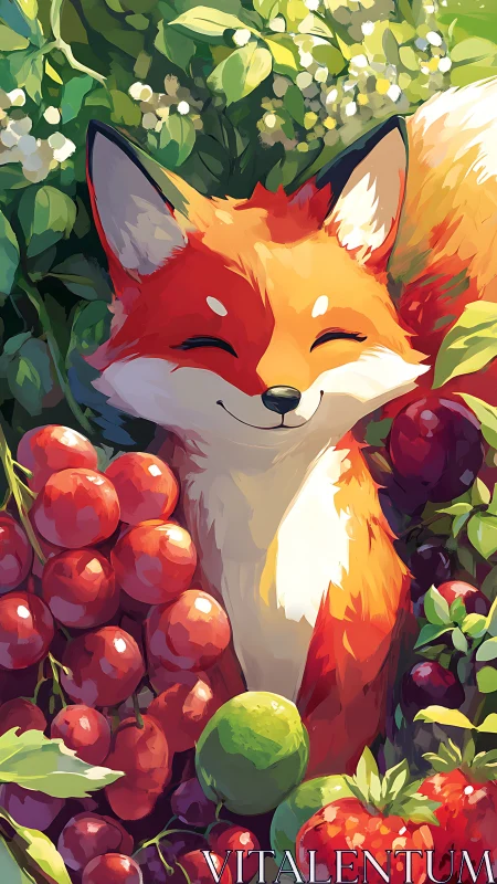 Smiling fox nestled in colorful garden fruit and sunshine.