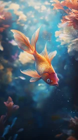 Luminescent goldfish gliding through ethereal coral water column.