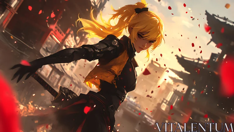 Fierce blonde warrior turns in a flurry of crimson petals