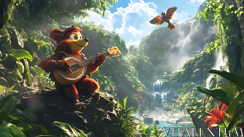 Guitar-playing bear overlooks lush jungle waterfall vista.