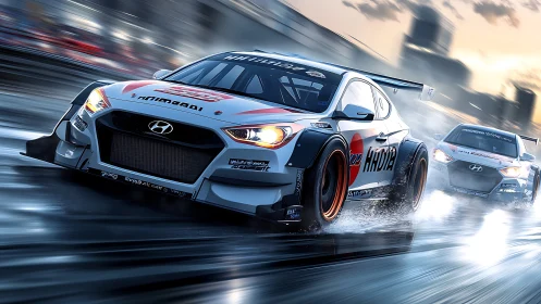 Turbocharged race cars slice through a wet neon city track