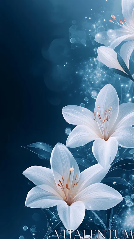 Ethereal White Flowers with Dynamic Particle Effects and Blue Atmospheric Depth