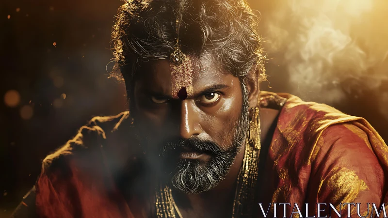 Bearded man in traditional attire under warm dramatic light.