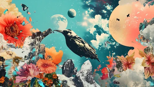 Surreal avian cosmos within floral nebulae digital painting.