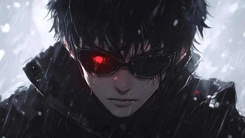 Brooding cyberpunk figure with glowing red lens in rainstorm.