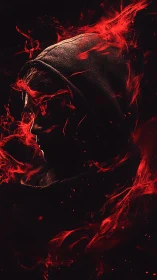 Hooded side profile silhouette emerges through red smoke