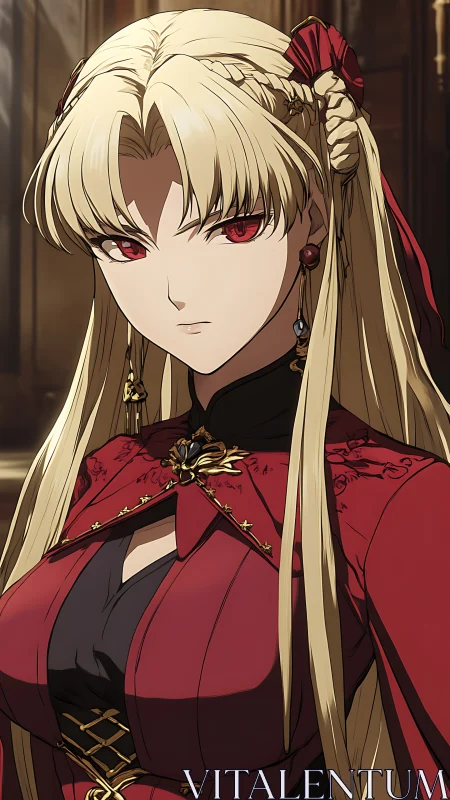 Regal blonde noblewoman in crimson gothic attire portrait.