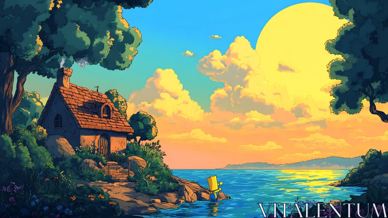 Cartoon coastal cottage faces bright sunset over water