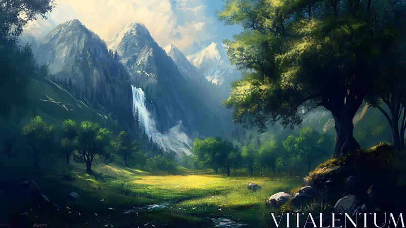 Mountain valley meadow with waterfall under soft morning light