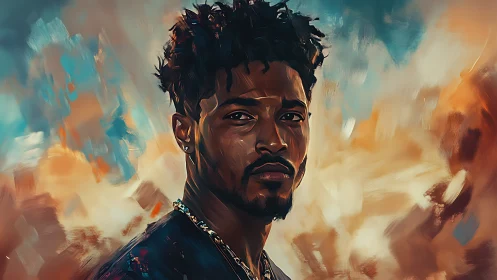 Confident portrait radiates warmth amid bold painted sky