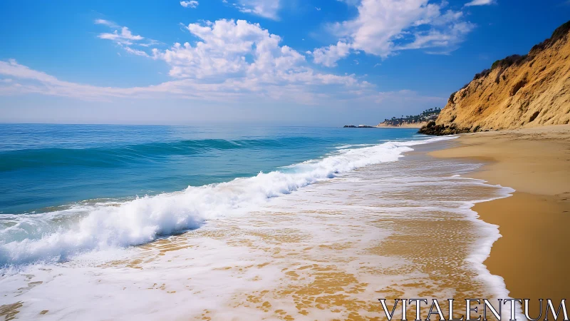 Coastal shoreline with waves, sandy beach, and sea cliffs.
