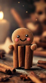 Smiling sugar cookie character leans on upright cinnamon sticks