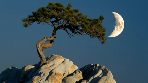 Moon-cradling windswept pine atop weathered silver cliffs.